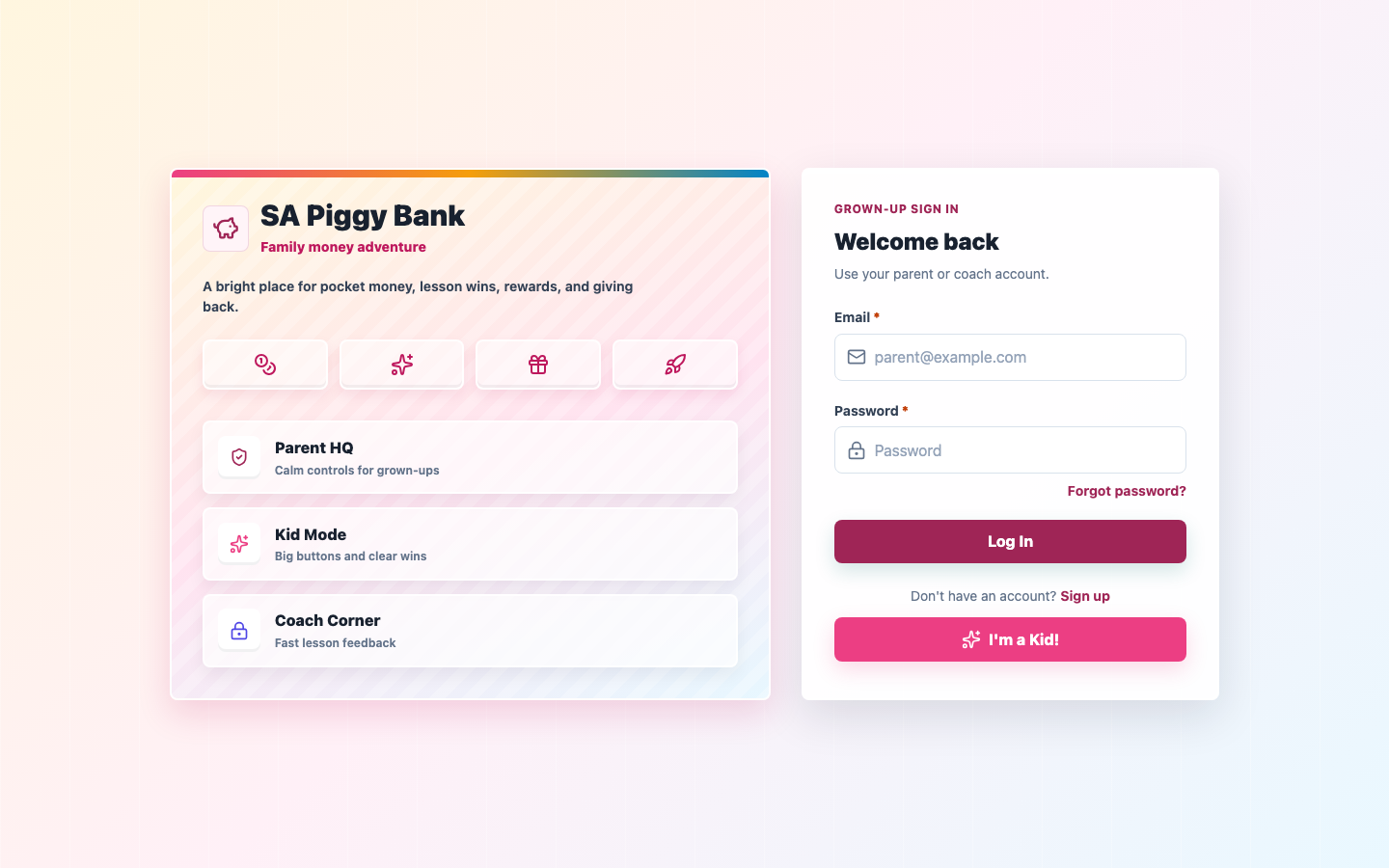 Login screen with parent, child, and coach entry points