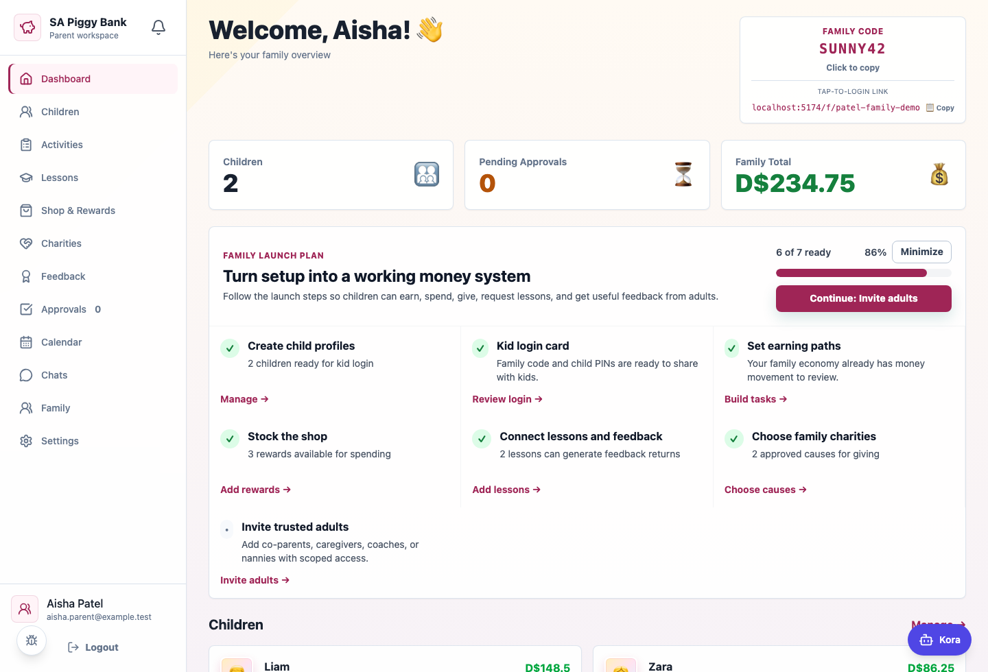 Parent dashboard showing family code, balances, launch plan, children, and setup actions