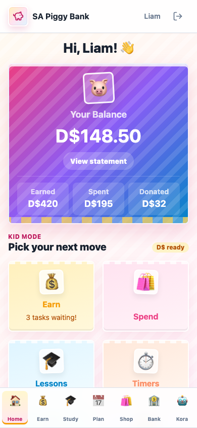 Mobile child dashboard showing balance, earning stats, kid actions, and bottom navigation