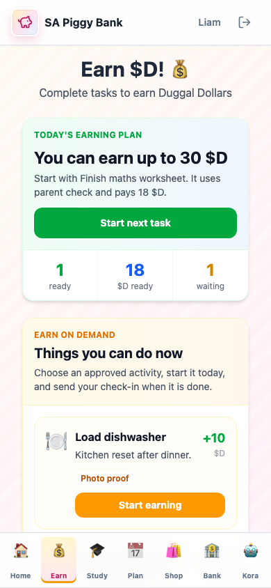 Mobile child earn screen with tasks, earning plan, and on-demand activity card