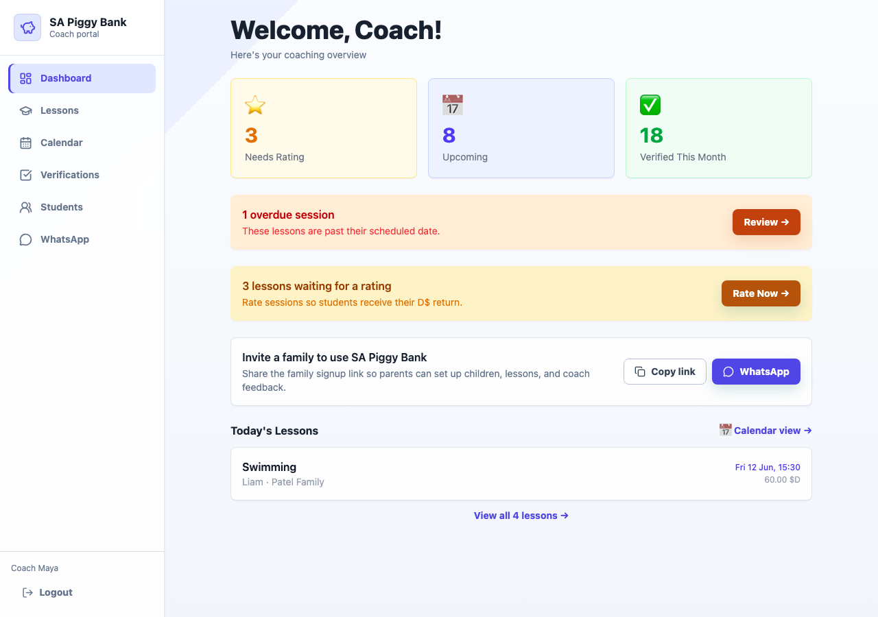 Coach dashboard with lesson stats, alerts, invite action, and upcoming lessons