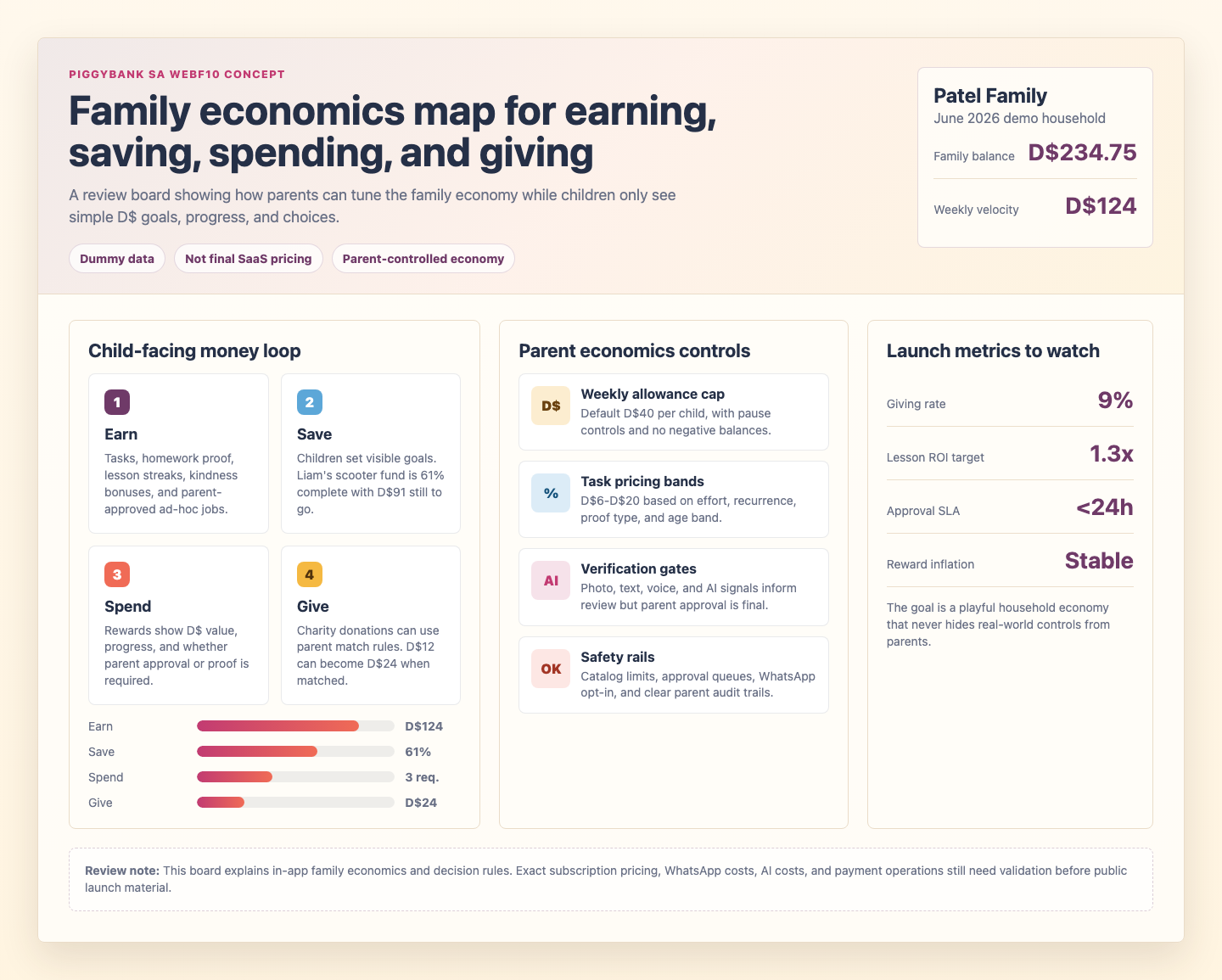 Family economics board showing earn, save, spend, give, and parent controls